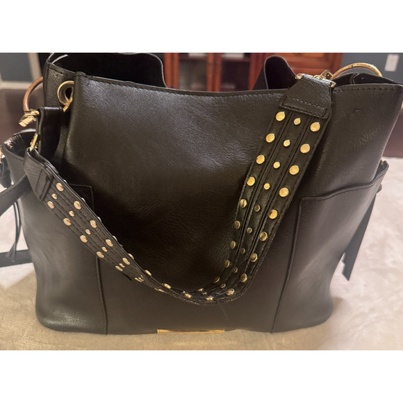 Steve Madden Black Large Shoulder Bag Studded Strap bucket Vegan leather purse - Picture 2 of 7